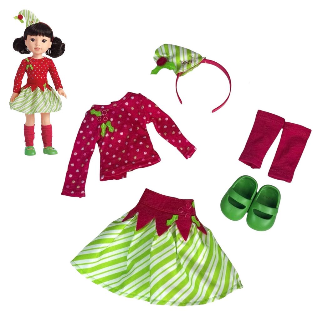 WellieWishers Elf Outfit Christmas Skirt Top Headband Socks Leg Warmers Shoes AG